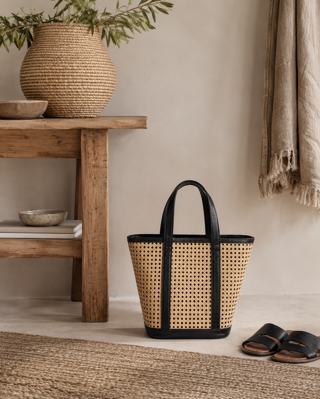Raja Leather and Cane Carryall Bag