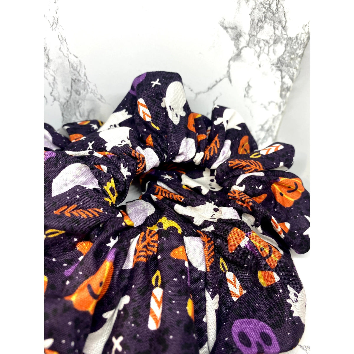 Purple Ghost and Pumpkin Halloween Scrunchie