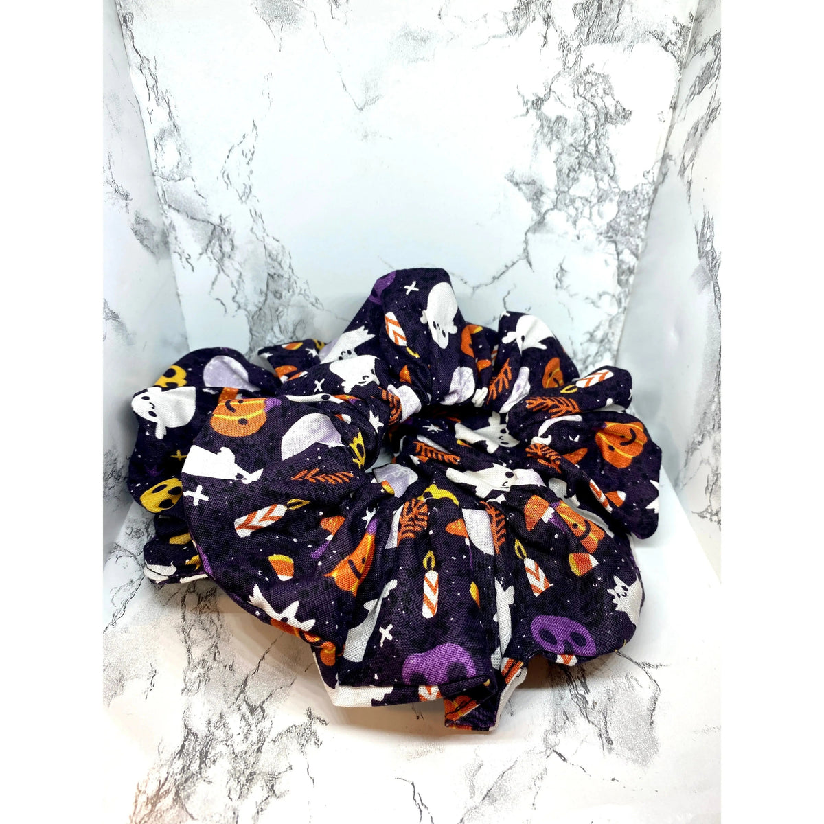 Purple Ghost and Pumpkin Halloween Scrunchie