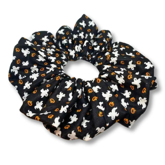 Ghost and Pumpkin Silk Halloween Scrunchie