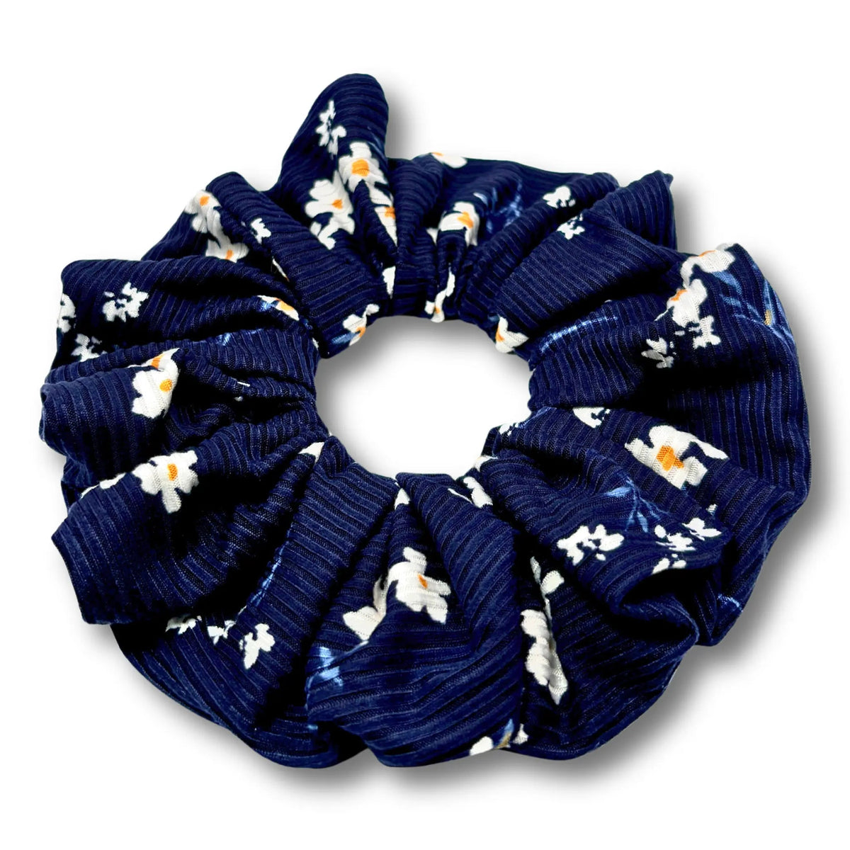 Navy Floral Ribbed Scrunchie