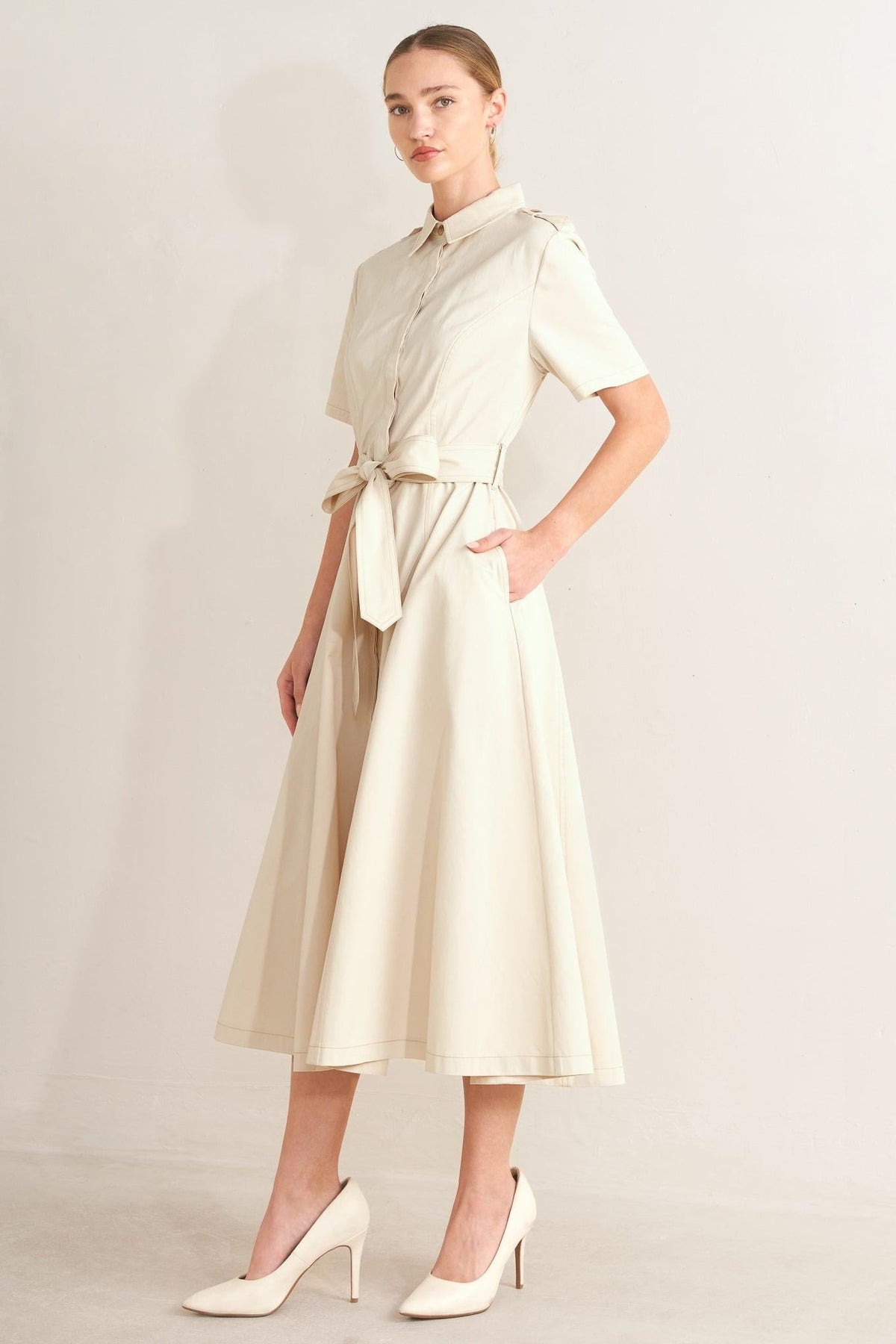 SANDSTONE GRACE WOVEN MIDI SHIRT DRESS