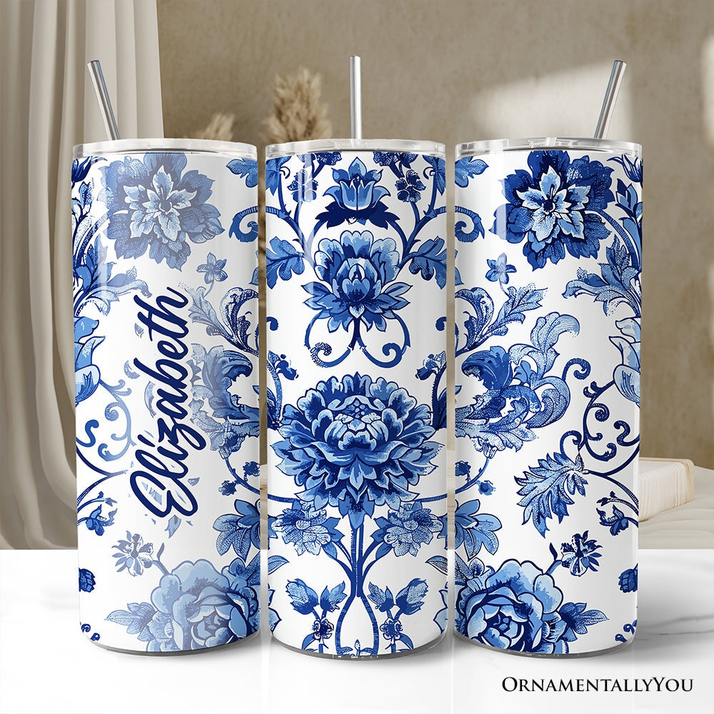 Blue and White Floral Pattern 20oz Personalized Tumbler With Lid and Stainless Steel Straw, Vintage Chinoiserie Porcelain Gift Cup