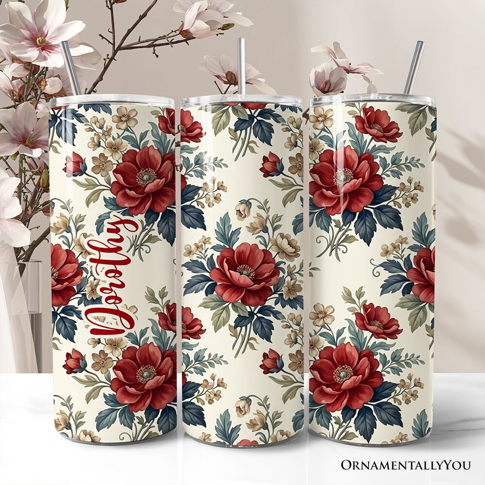 Vintage Red Poppy 20oz Personalized Tumbler With Lid and Stainless Steel Straw, Romantic Floral Pattern Gift Cup