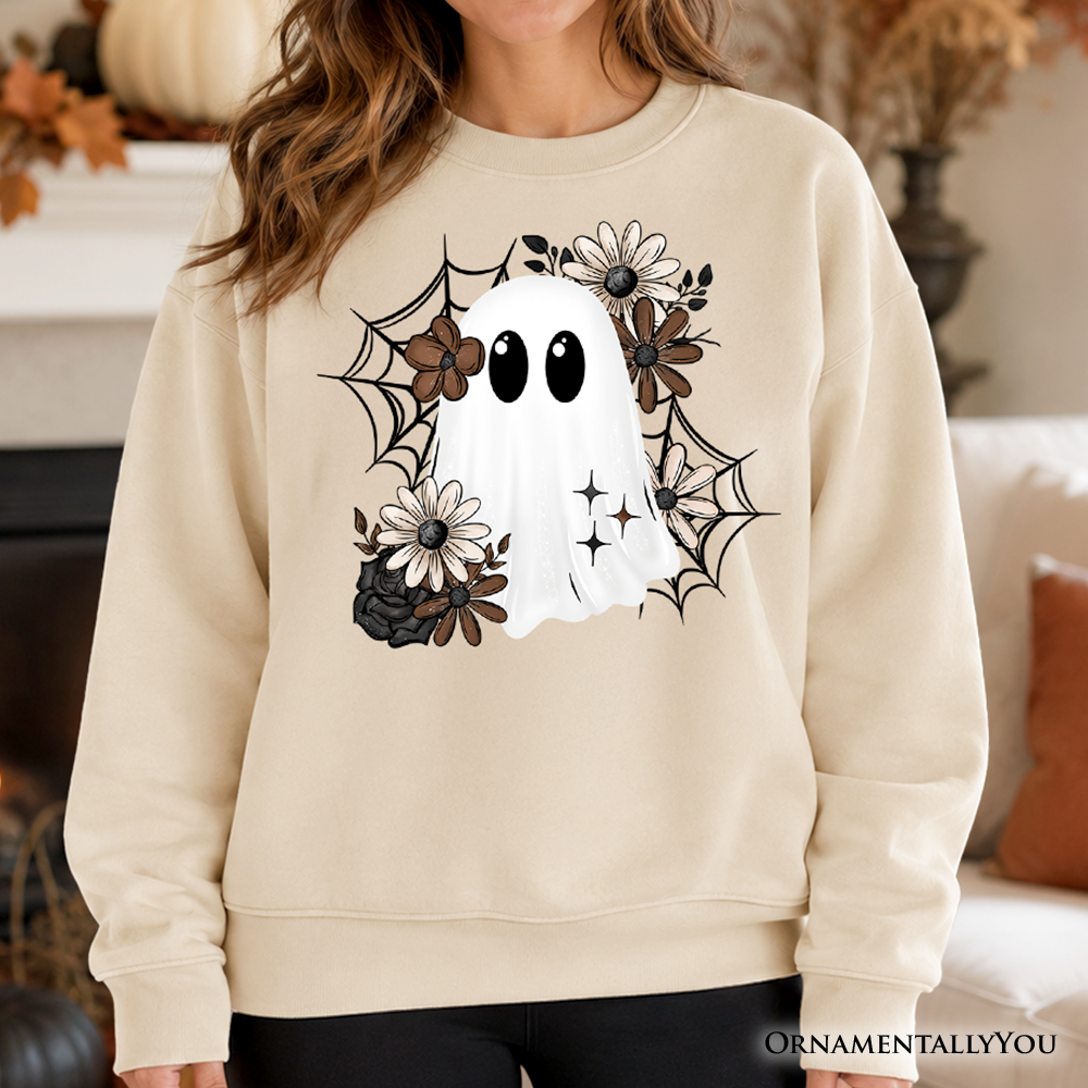 Floral Ghost Sweatshirt, Neutral Boho Halloween Spider Web Sweater