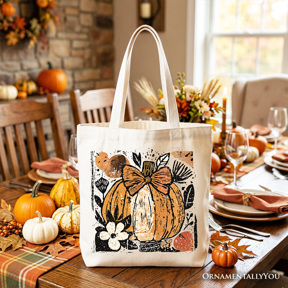 Pumpkin Fall Floral Tote Bag, Thanksgiving Coquette Bow Gift Shopper