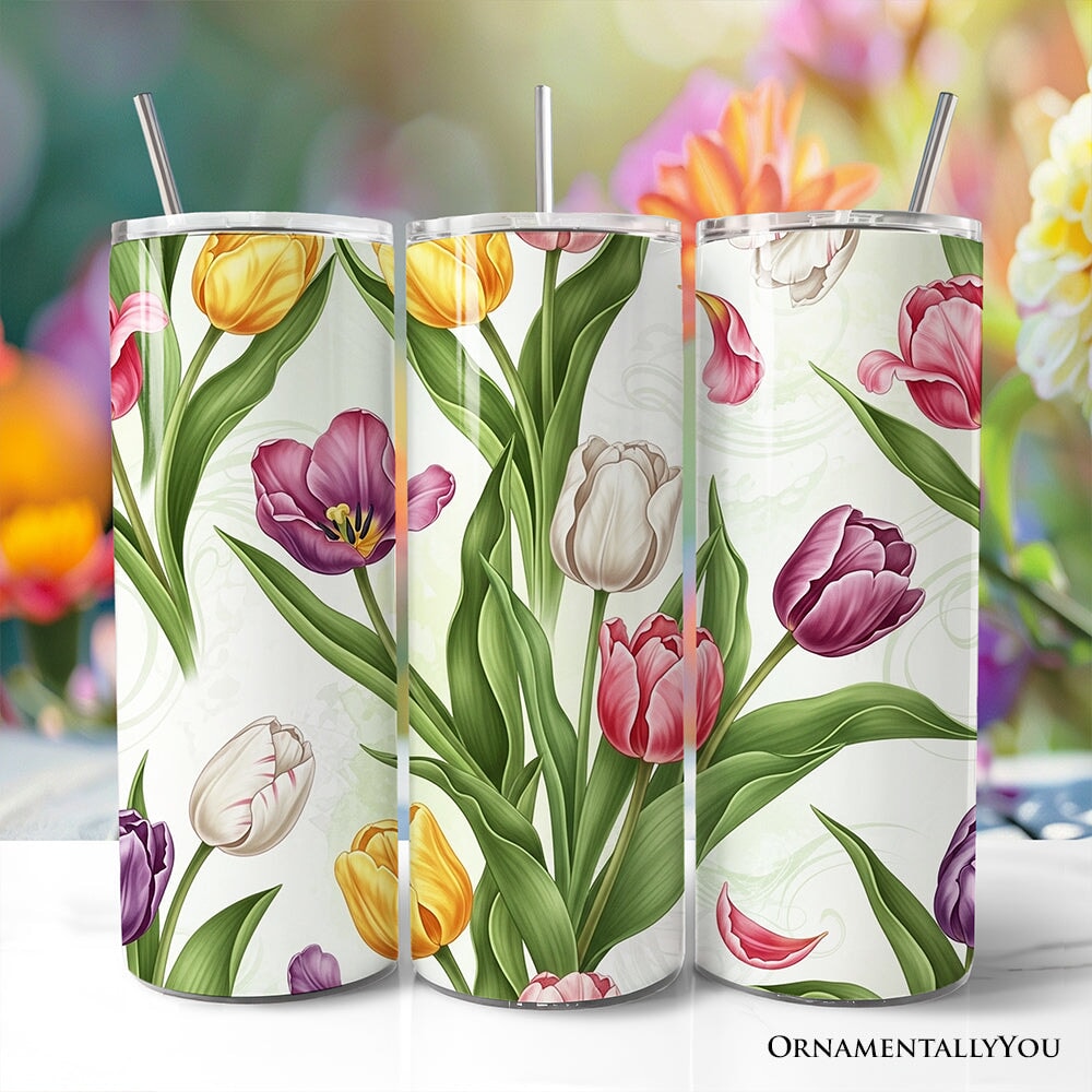 Spring Tulip Garden 20oz Personalized Tumbler With Lid and Stainless Steel Straw, Colorful Floral Bouquet Gift Cup