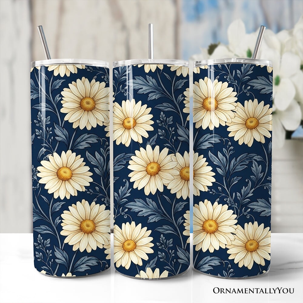 Vintage Daisy Floral Pattern 20oz Personalized Tumbler With Lid and Stainless Steel Straw, Navy Blue Cottage Garden Gift Cup
