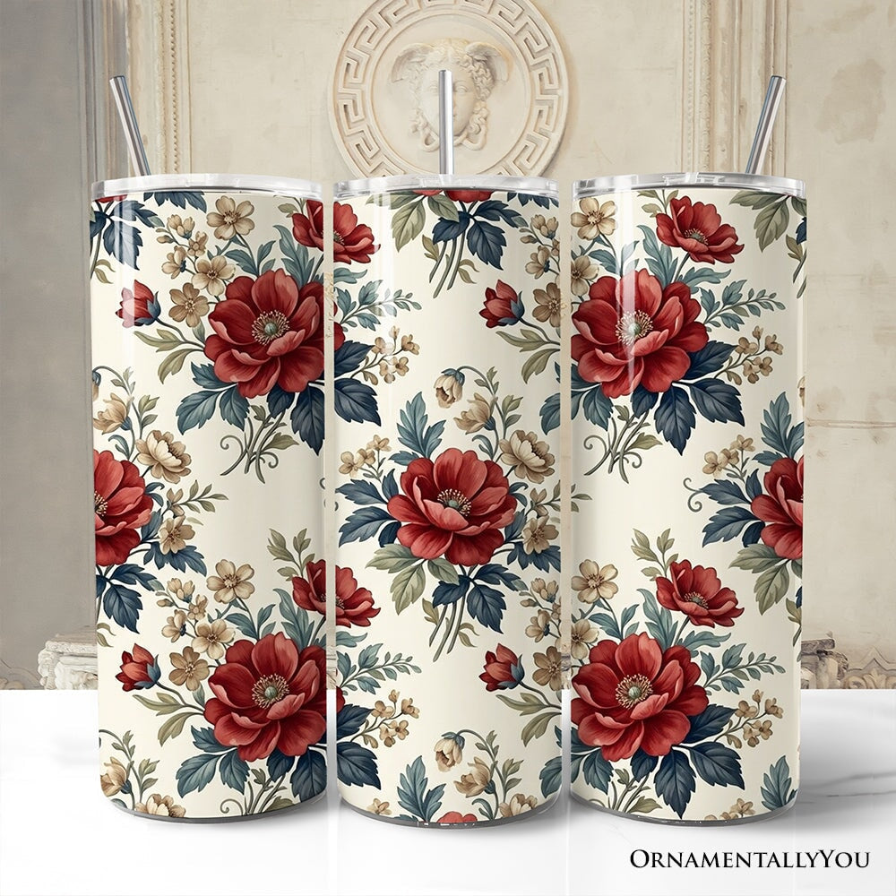 Vintage Red Poppy 20oz Personalized Tumbler With Lid and Stainless Steel Straw, Romantic Floral Pattern Gift Cup