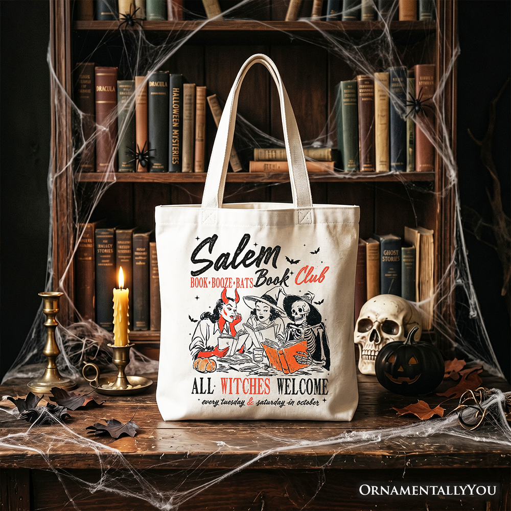 Salem Book Club Witches Tote Bag, Spooky Halloween Reading Girl Gift Shopper
