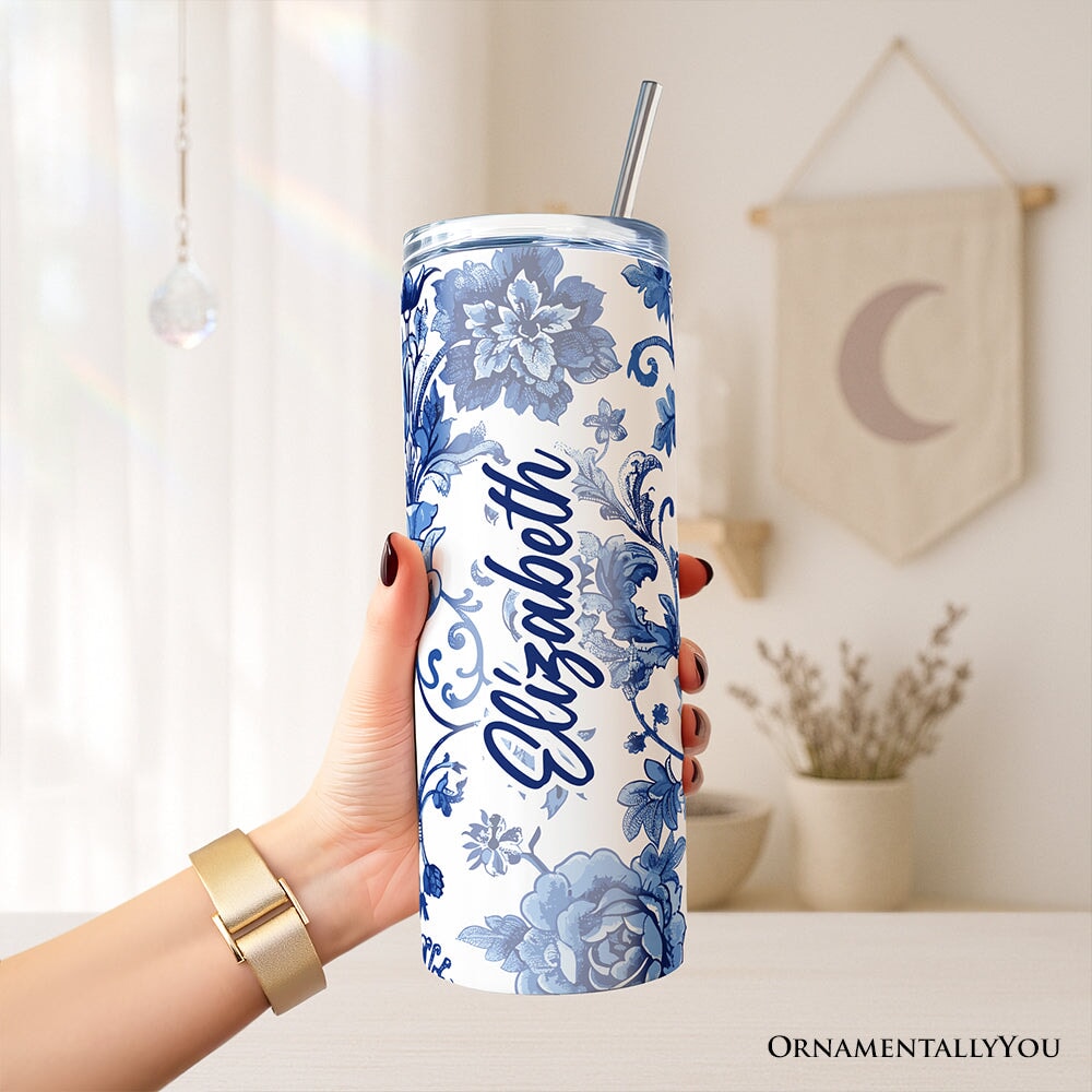 Blue and White Floral Pattern 20oz Personalized Tumbler With Lid and Stainless Steel Straw, Vintage Chinoiserie Porcelain Gift Cup