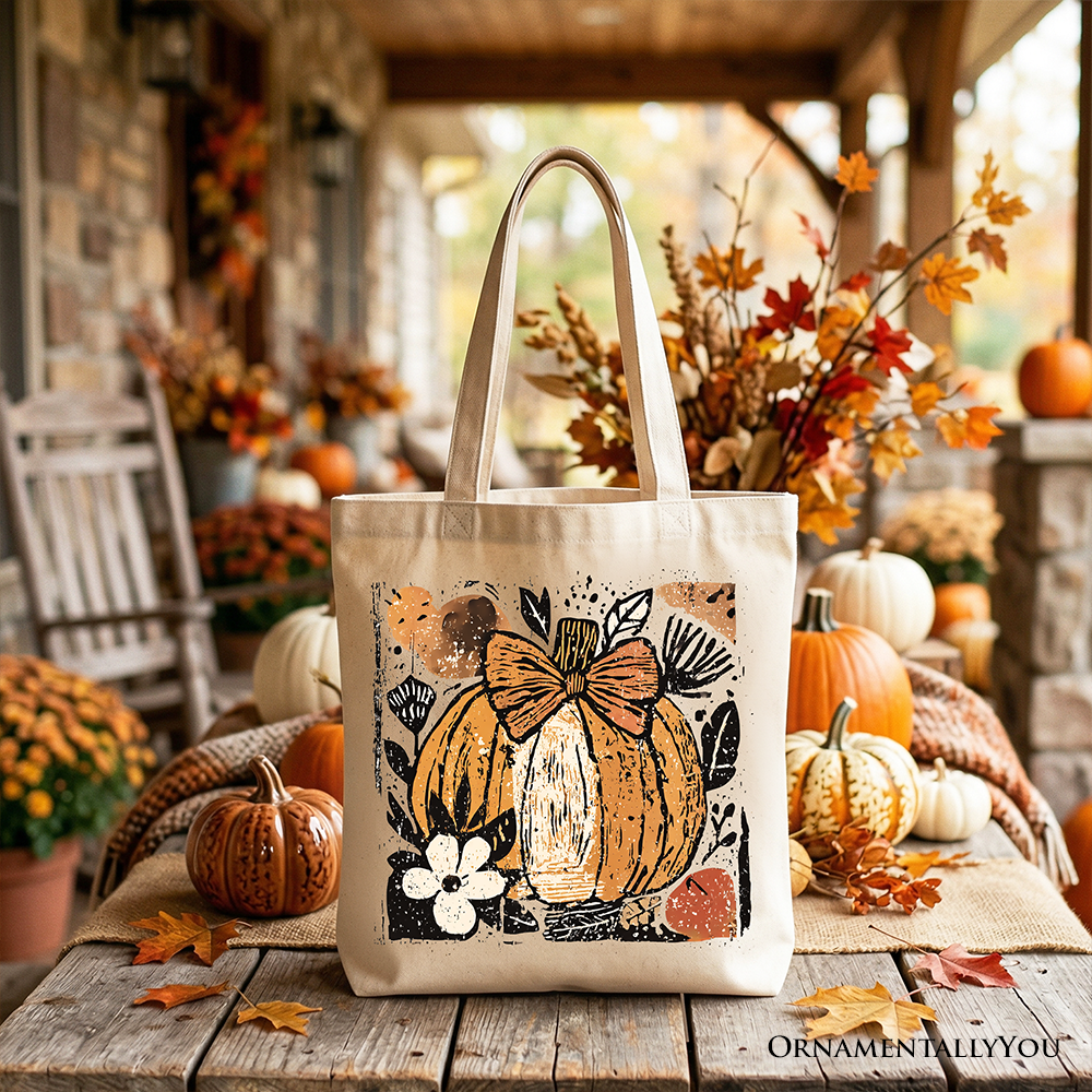 Pumpkin Fall Floral Tote Bag, Thanksgiving Coquette Bow Gift Shopper