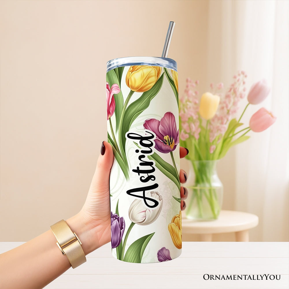 Spring Tulip Garden 20oz Personalized Tumbler With Lid and Stainless Steel Straw, Colorful Floral Bouquet Gift Cup