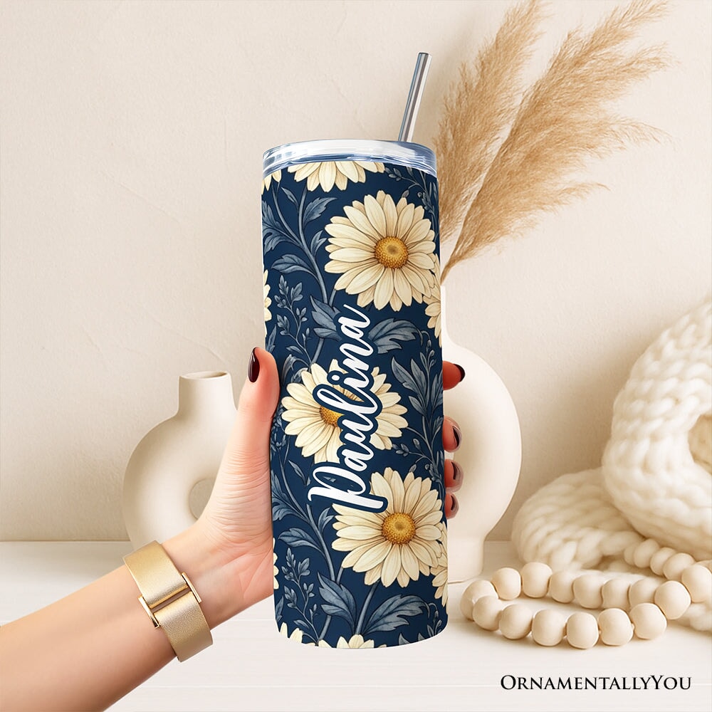 Vintage Daisy Floral Pattern 20oz Personalized Tumbler With Lid and Stainless Steel Straw, Navy Blue Cottage Garden Gift Cup