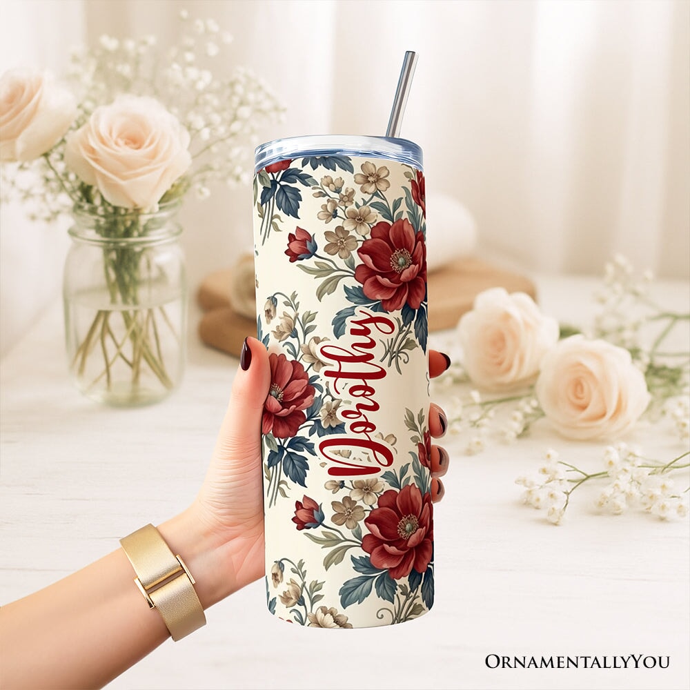 Vintage Red Poppy 20oz Personalized Tumbler With Lid and Stainless Steel Straw, Romantic Floral Pattern Gift Cup