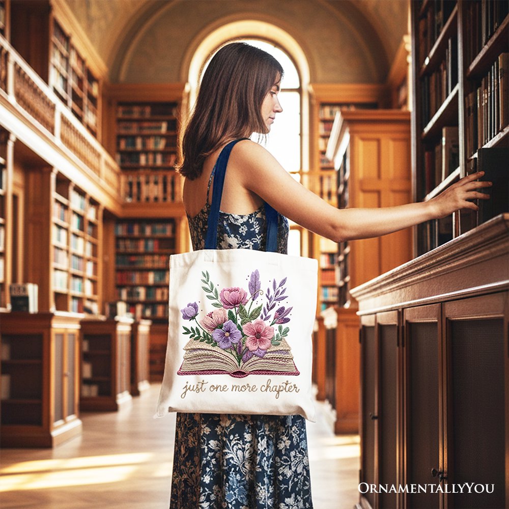 Floral Book Printed Faux Yarn Crochet Tote Bag, Just One More Chapter Bookworm Gift Shopper