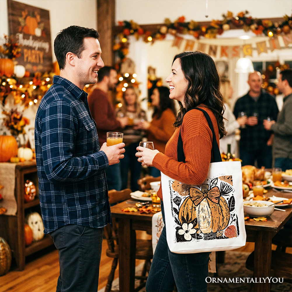 Pumpkin Fall Floral Tote Bag, Thanksgiving Coquette Bow Gift Shopper