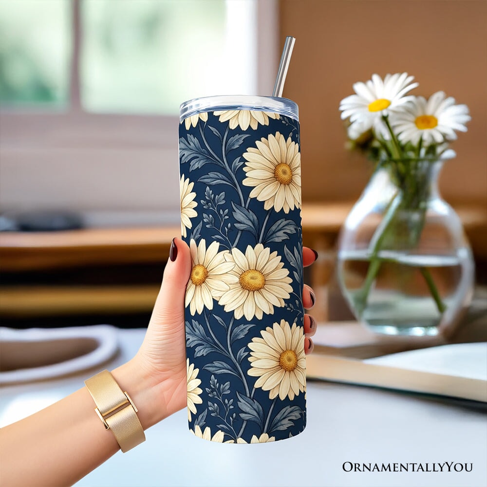 Vintage Daisy Floral Pattern 20oz Personalized Tumbler With Lid and Stainless Steel Straw, Navy Blue Cottage Garden Gift Cup
