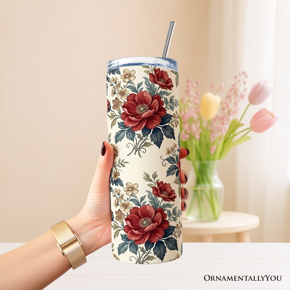 Vintage Red Poppy 20oz Personalized Tumbler With Lid and Stainless Steel Straw, Romantic Floral Pattern Gift Cup