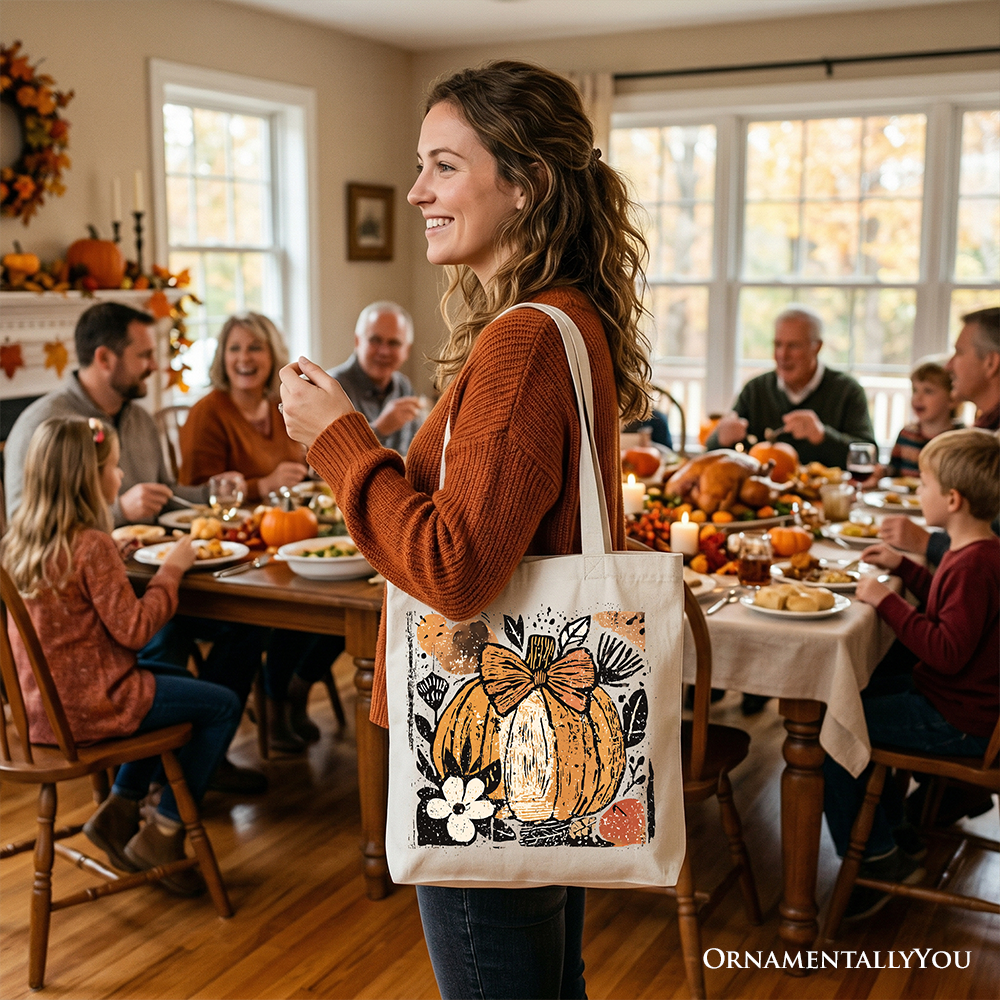 Pumpkin Fall Floral Tote Bag, Thanksgiving Coquette Bow Gift Shopper