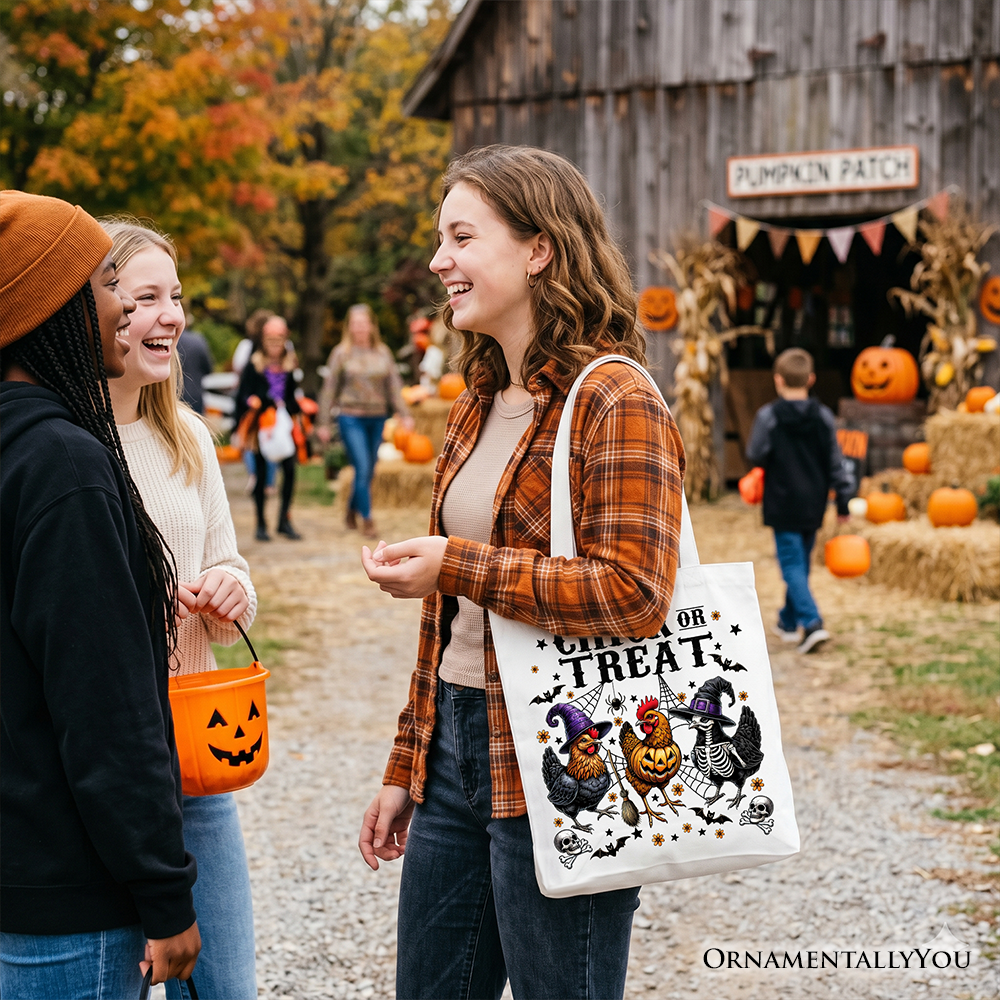 Chick or Treat Chicken Tote Bag, Funny Farmhouse Halloween Gift Shopper