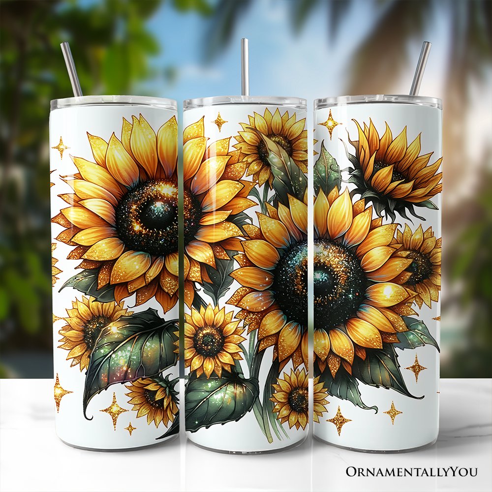 Glittered Sunflower Pattern 20oz Personalized Tumbler With Lid and Stainless Steel Straw, Yellow Summer Flowers Travel Mug Gift