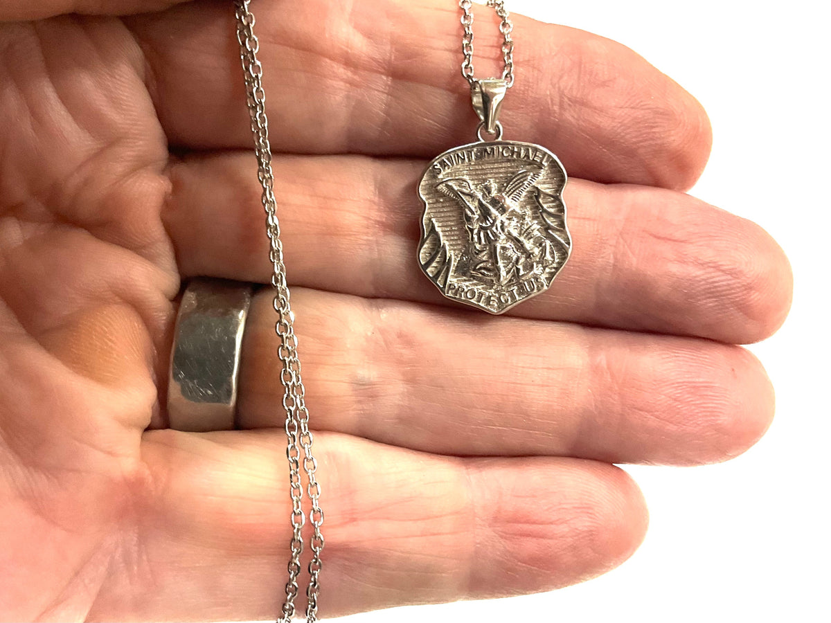 Winged Saint Michael Protect Us Archangel Solid Sterling Silver Waterproof Shield Patron Saint Police Officers Soldiers