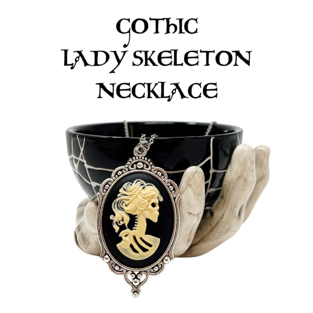 Gothic Skeleton Lady Necklace Black Cameo Victorian Lolita Jewelry