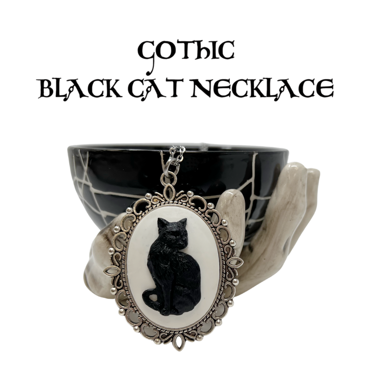 Gothic Black Cat Necklace Victorian Cameo Witchy Jewelry