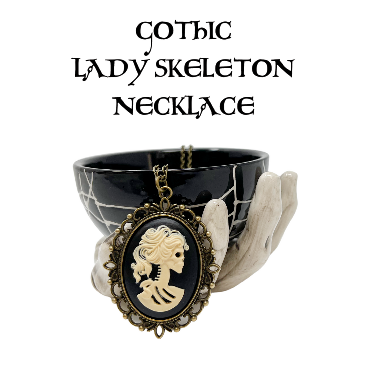 Gothic Lolita Lady Skeleton Necklace Victorian Cameo Dark Romantic Jewelry silver or bronze