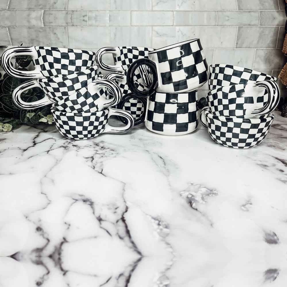 Small Black White Checkered Mug Retro Hand Painted Glossy Ceramic Dishwasher Microwave Safe