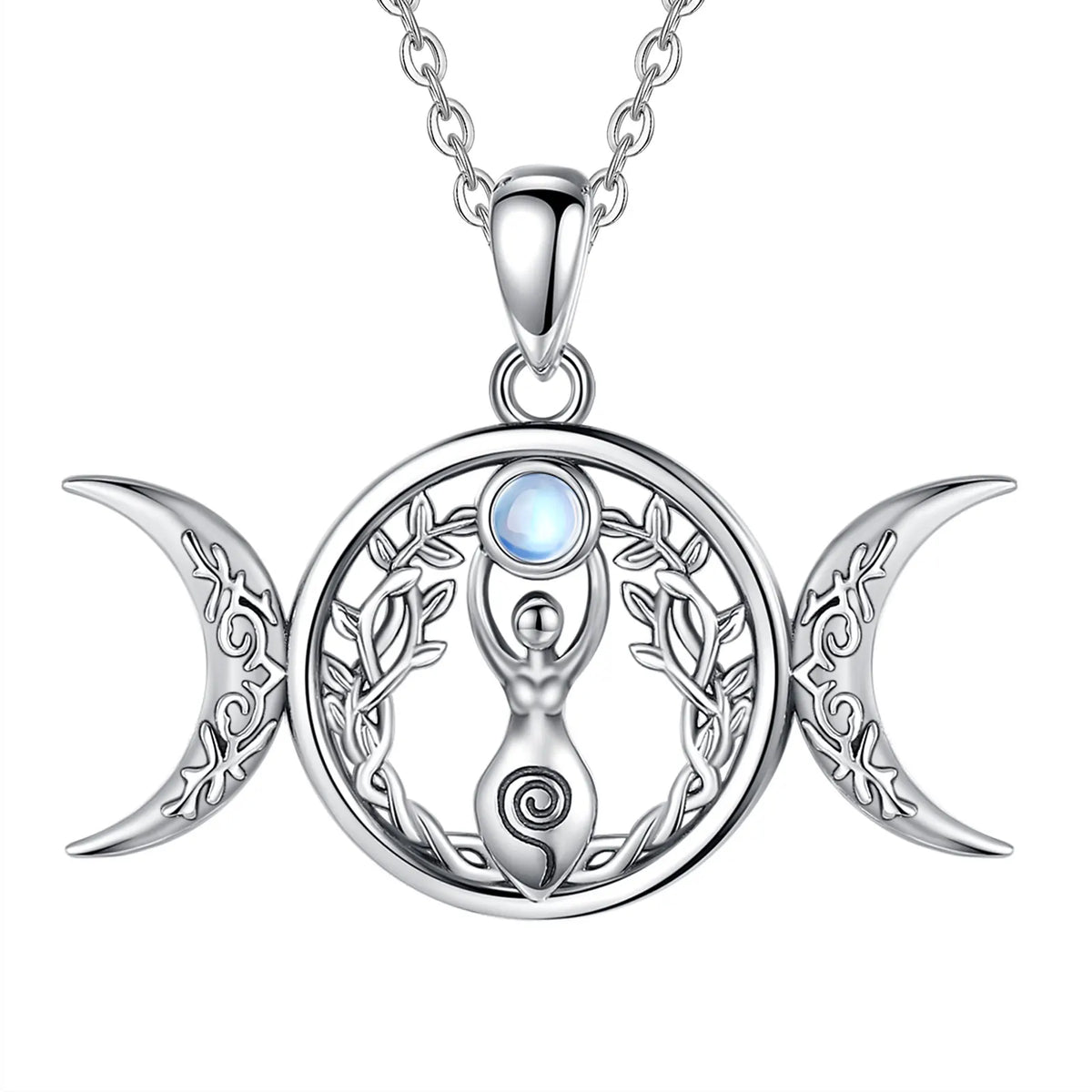Moonstone Triple Moon Goddess Sterling Silver Necklace