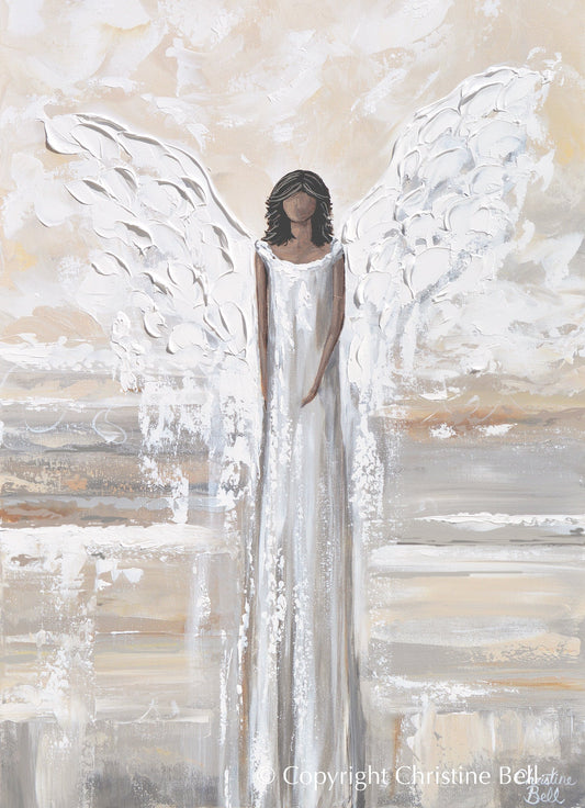 "Embracing Peace" GICLEE PRINT, Angel Painting, Modern Neutral Guardian Angel
