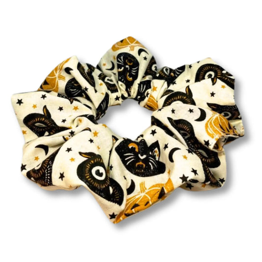 White Cat and Owl Heads Halloween Scrunchie