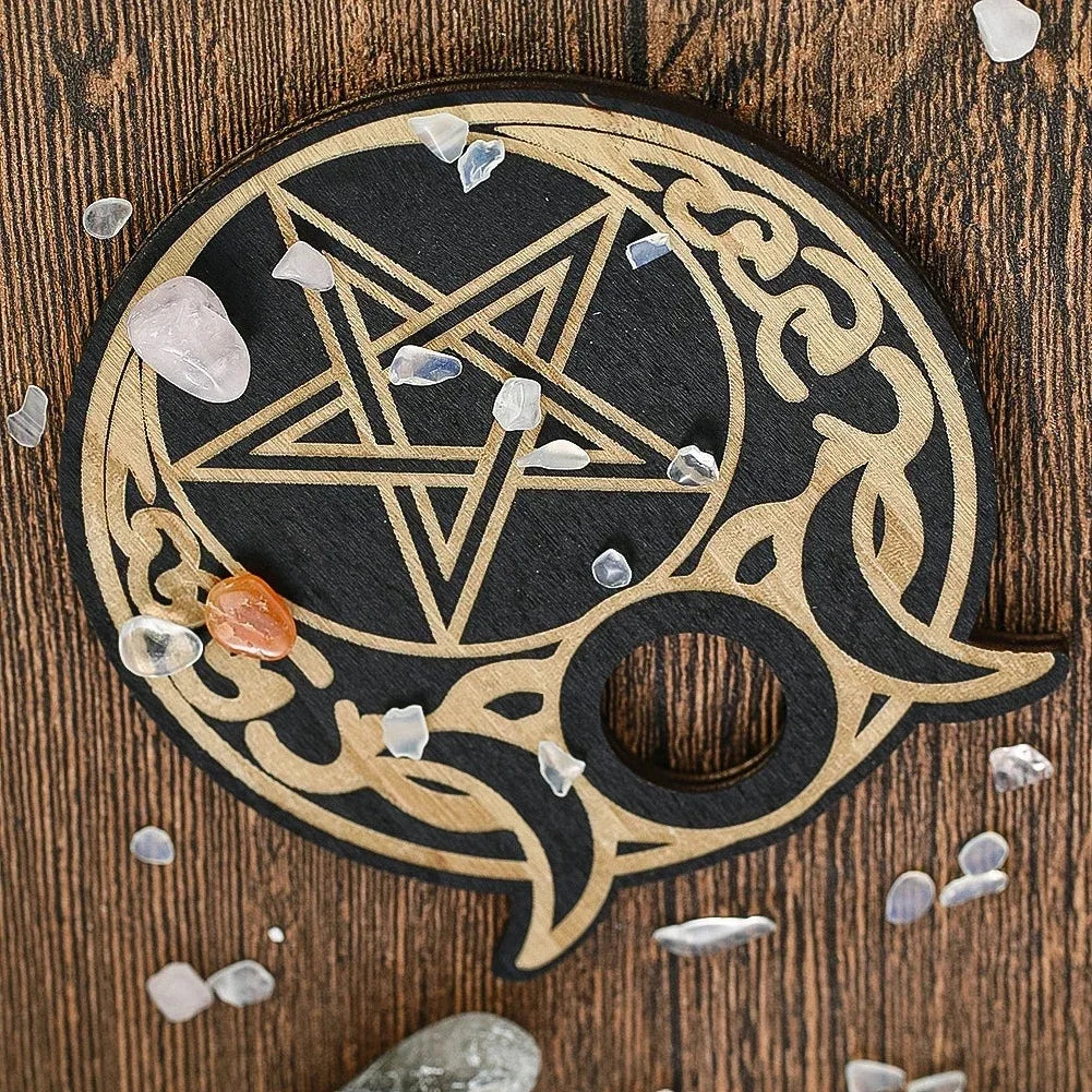 Triple Moon Pentacle Wood Crystal Ball Stand