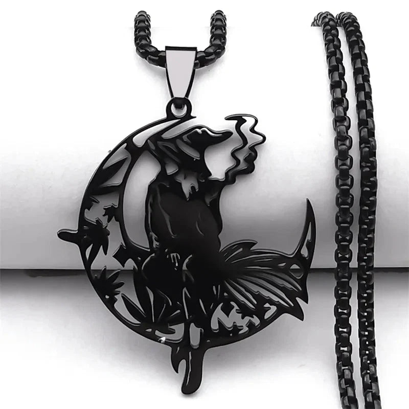 Smoking Witch Broom Moon Necklace