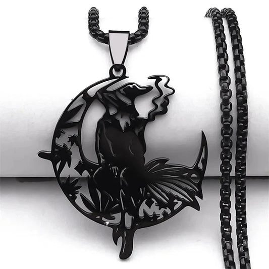 Smoking Witch Broom Moon Necklace