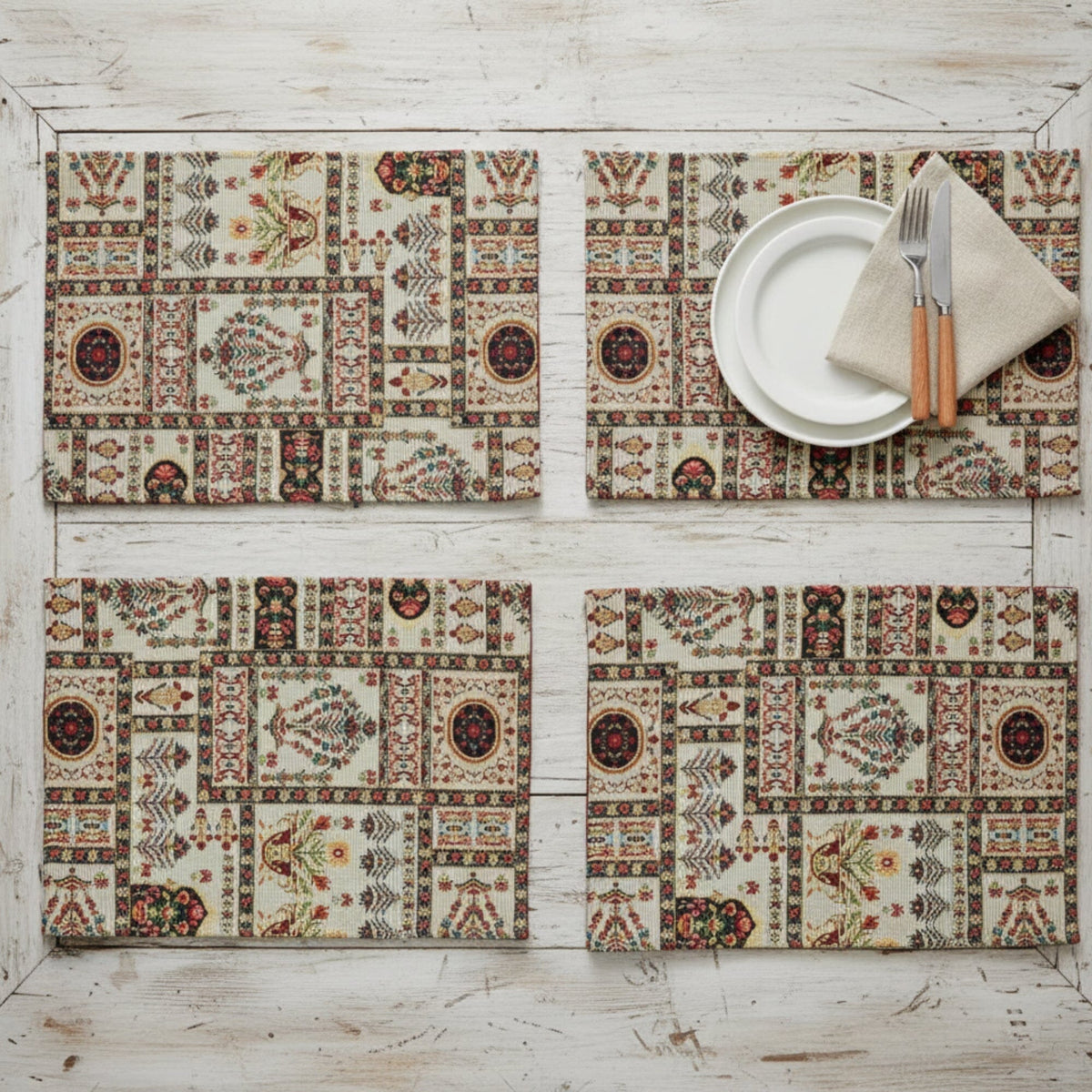 DaDalogy Bedding Set of 4-Pieces Light White Mughal Floral Botanical Cottage Fleur Tapestry Placemats 13” x 19” (18196)