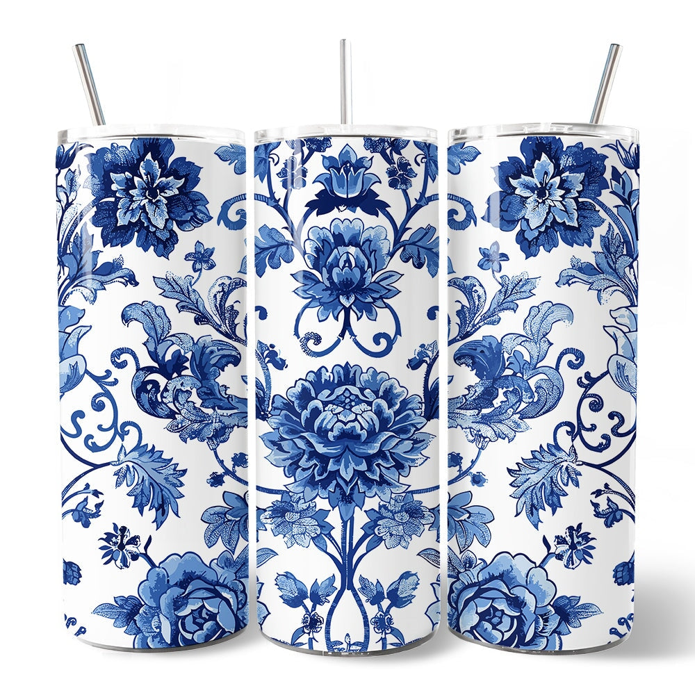 Blue and White Floral Pattern 20oz Personalized Tumbler With Lid and Stainless Steel Straw, Vintage Chinoiserie Porcelain Gift Cup