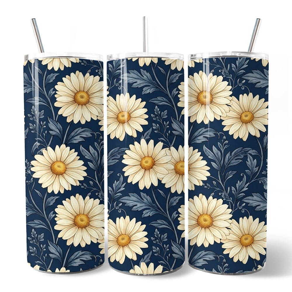 Vintage Daisy Floral Pattern 20oz Personalized Tumbler With Lid and Stainless Steel Straw, Navy Blue Cottage Garden Gift Cup