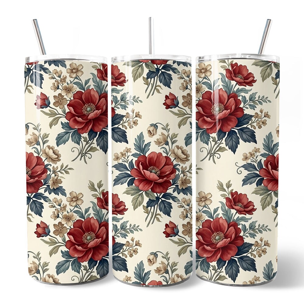 Vintage Red Poppy 20oz Personalized Tumbler With Lid and Stainless Steel Straw, Romantic Floral Pattern Gift Cup