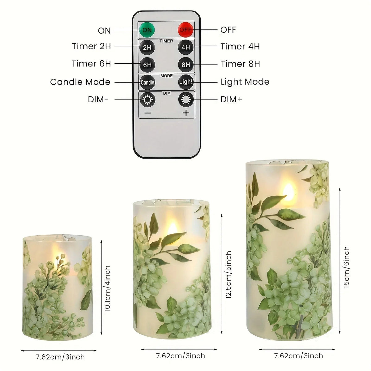 A set of 3 flameless candles, flickering LED pillar candles, with a 10-button remote control. They feature a green floral theme, are suitable for spring and summer, and can be used on the dining tables at wedding venues