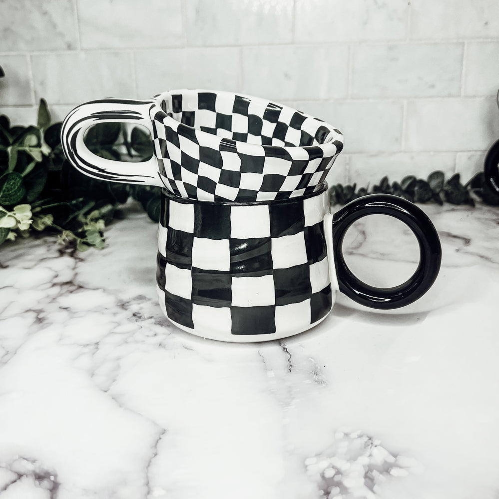 Black And White Checkered Ceramic Mug 13.5oz Hand-Painted Retro Dishwasher Safe