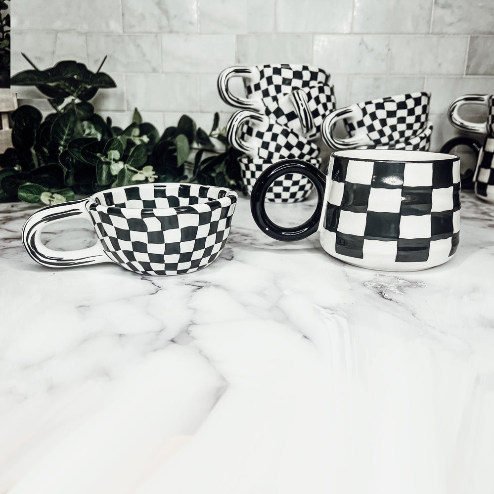 Black And White Checkered Ceramic Mug 13.5oz Hand-Painted Retro Dishwasher Safe