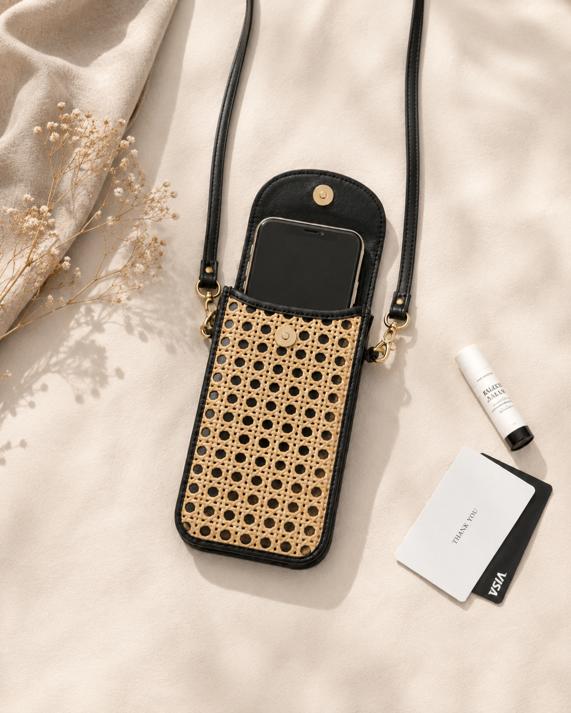 Nia Leather and Rattan Phone Sling