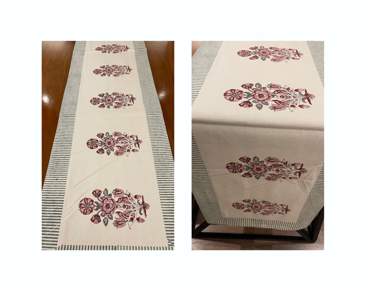 Burgundy & Charcoal Floral Bouquet Table Linen Set – 13 Piece | Hand Block Printed Cotton | Runner, Placemats & Napkins