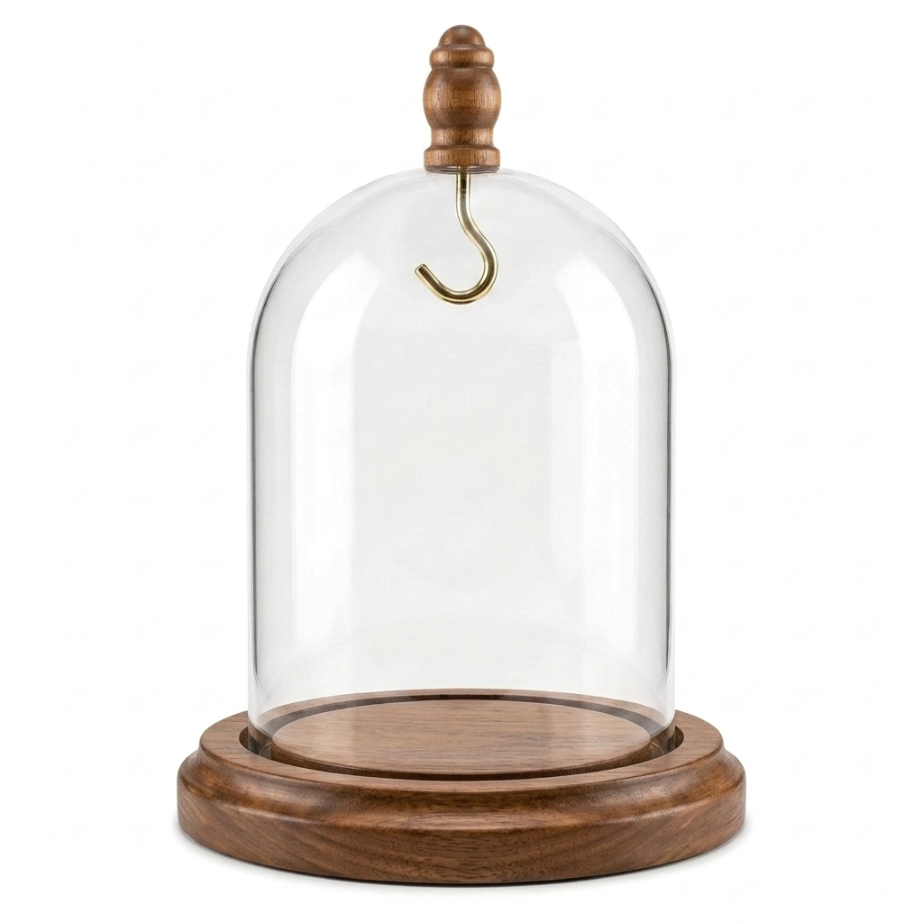 Pocket Watch Glass Display Dome Cloche Hook Real Walnut Base & Wood Knob 3"x4"