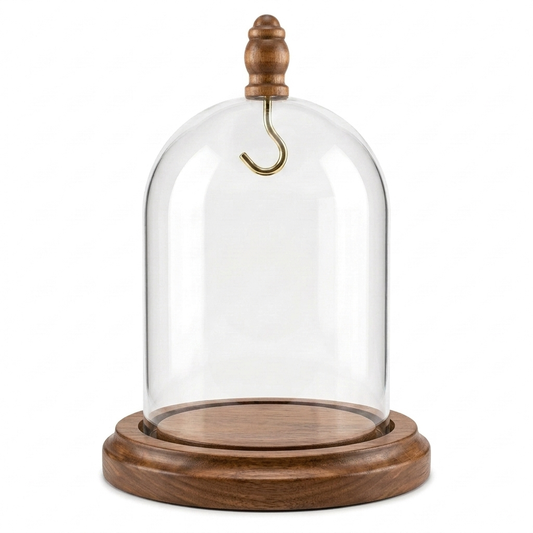 Pocket Watch Glass Display Dome Cloche Hook Real Walnut Base & Wood Knob 3"x4"