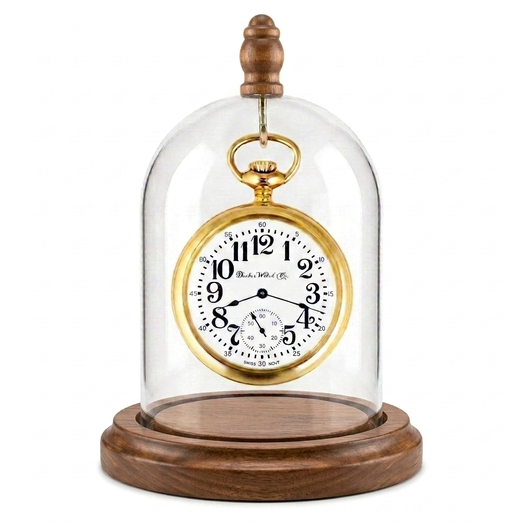 Pocket Watch Glass Display Dome Cloche Hook Real Walnut Base & Wood Knob 3"x4"