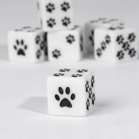 White Cat Paw Dice Opaque w/Black Paw Prints 16mm d6 Dice (sold per die)